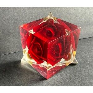 Bircraft-Style Red Rose 5.75 oz Paperweight in Clear Resin Cube on Triangle Base